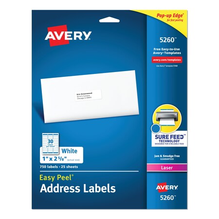 Avery Easy Peel White Address Labels, Laser Printers, 1 x 2.63, White, PK750 05260